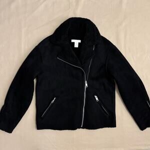 H&M Black Faux Suede Moto Style Jacket with Sherpa Lining Women’s Size 4